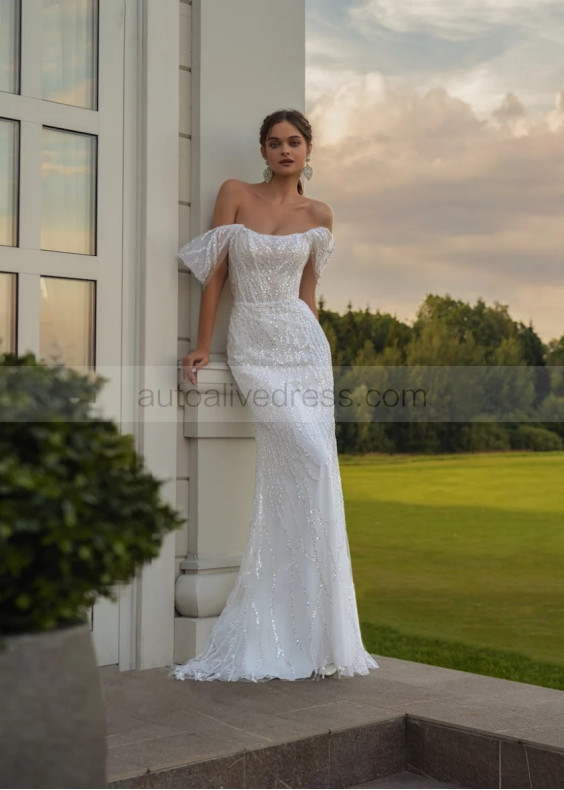 Off Shoulder Ivory Glitter Lace Tulle Stunning Wedding Dress